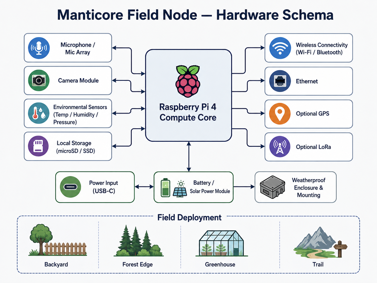 Manticore Field Node hardware schema: sensors, Pi compute core, power, and field deployment sites