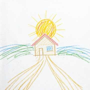 Crayon drawing of a house under a sun