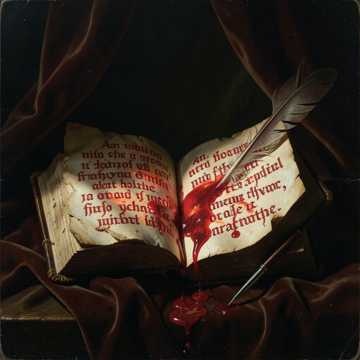 Still-life artwork of an open book and quill