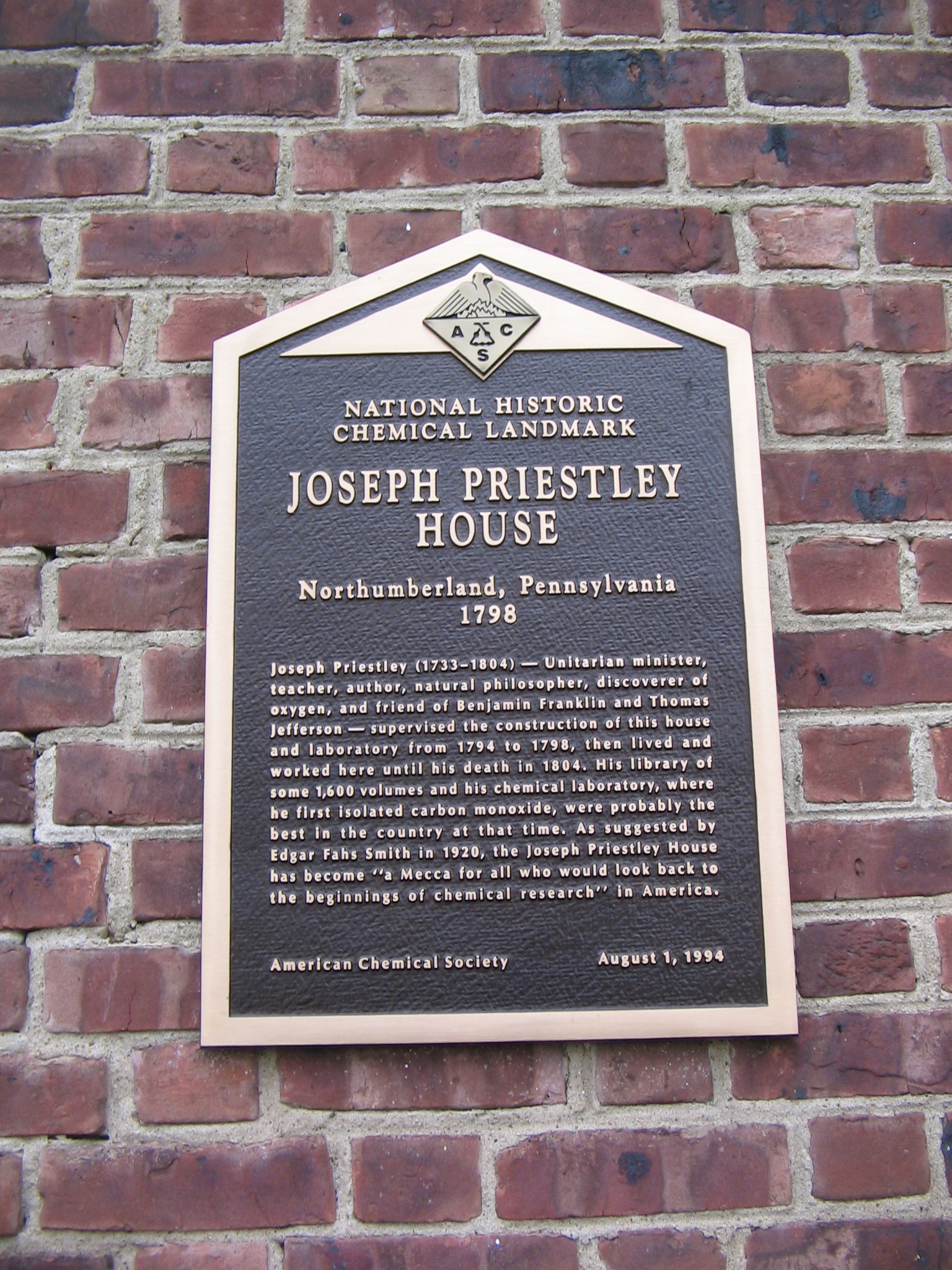 National Historic Chemical Landmark plaque Priestley House