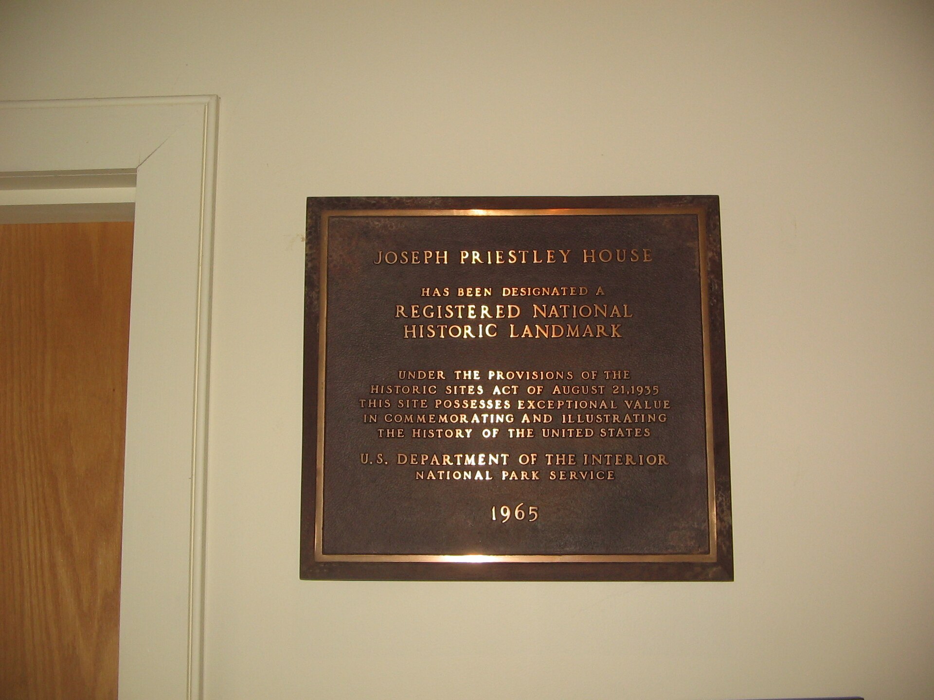 National Historic Landmark plaque Joseph Priestley House