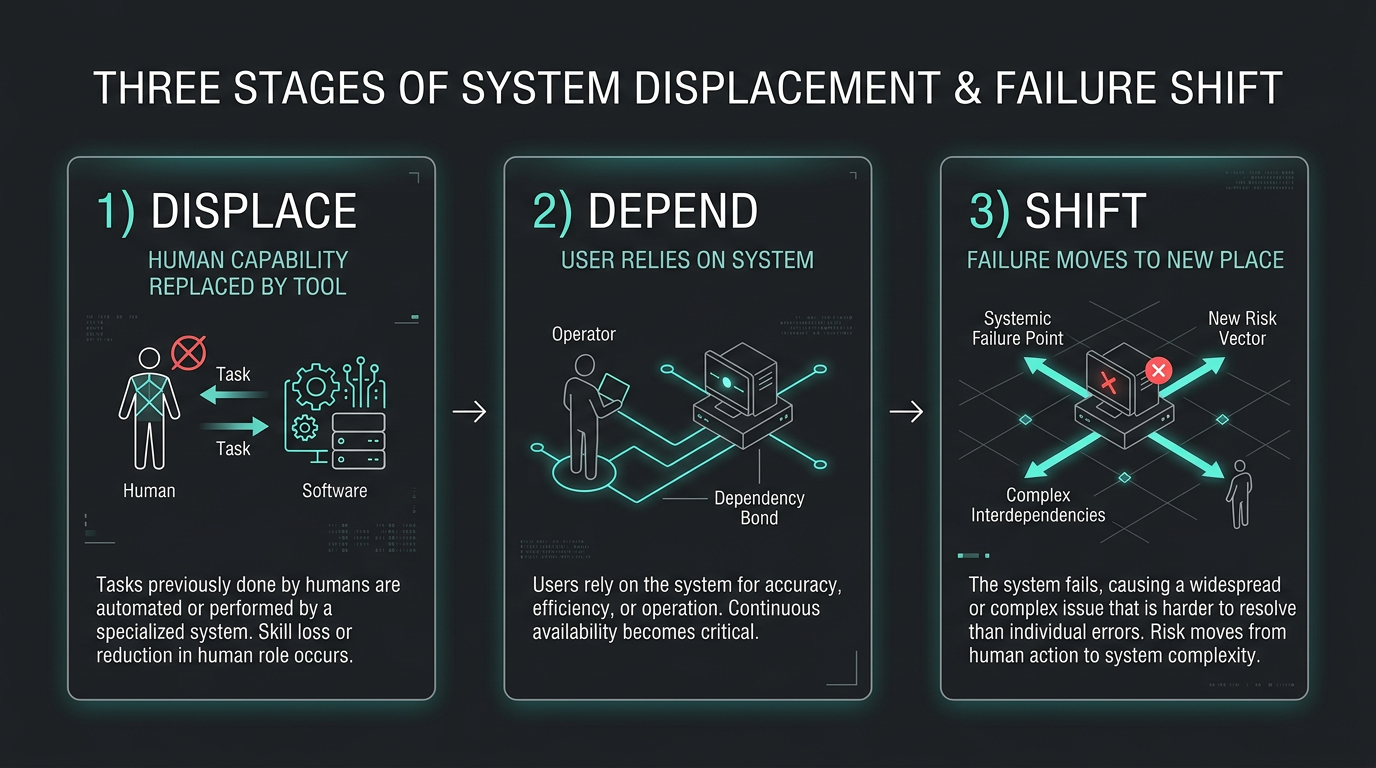 Diagram: Displace → Depend → Shift—how technologies create new dependencies and failure modes