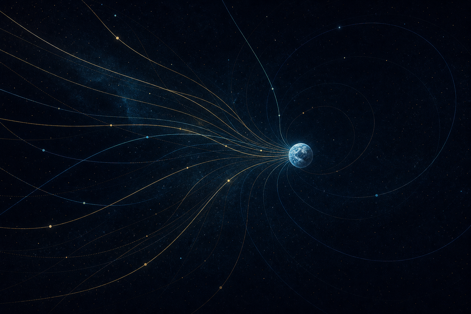 Stylized Earth in space with luminous arcs suggesting attention and connection