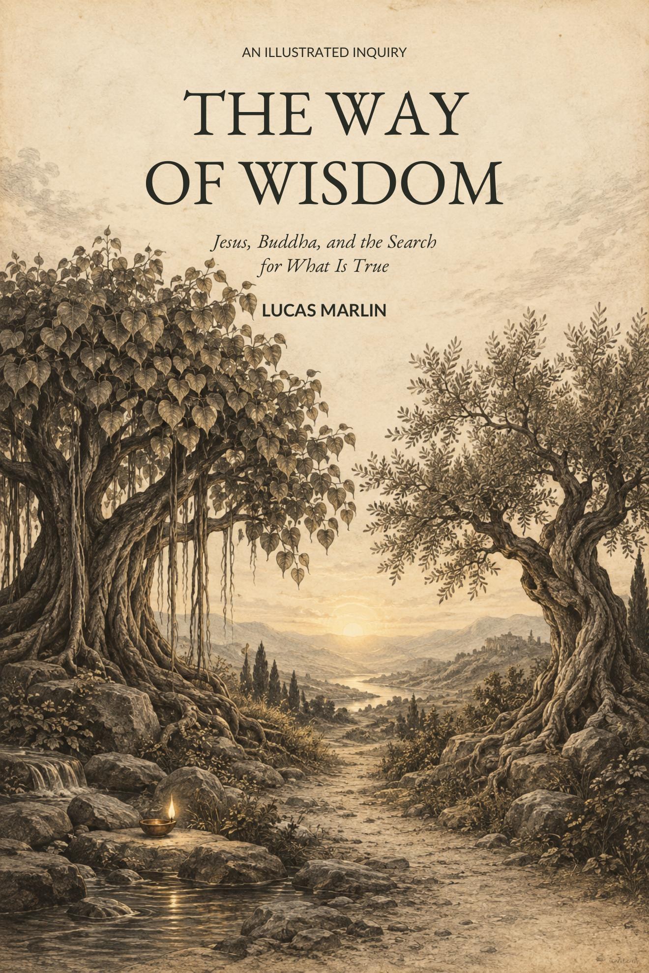 Cover of The Way of Wisdom: a bodhi tree and an olive tree frame a sunlit valley, with a small lamp beside a stream