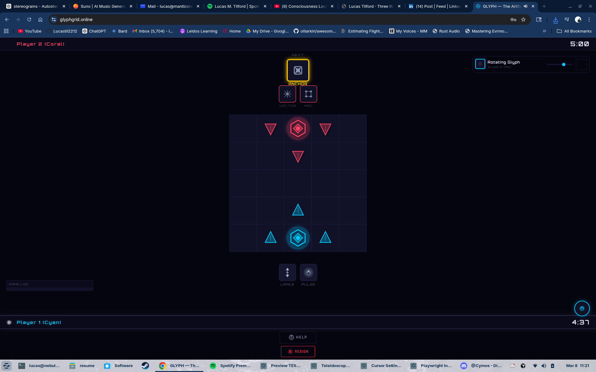 Screenshot of Glyph Grid in play: 5×5 board, Cores and Shards, glyph pool and HUD.