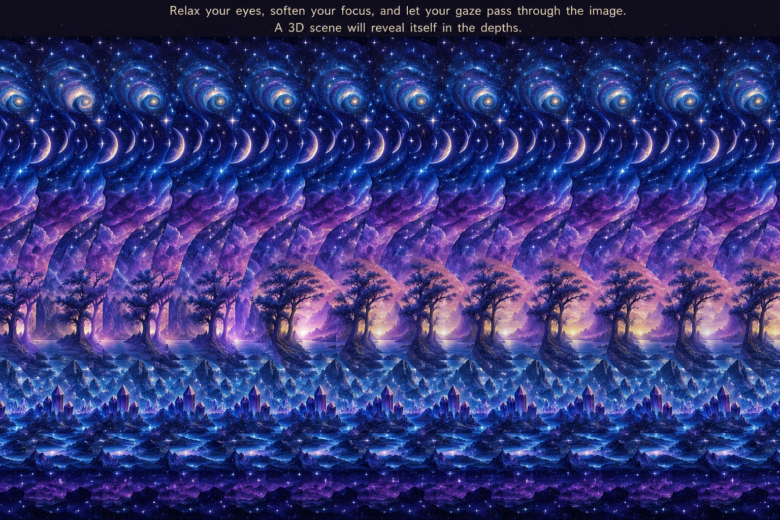 Cosmic celestial autostereogram featuring stars, silhouetted trees, and glowing crystals. Relax your eyes and let a 3D scene emerge in the depths.
