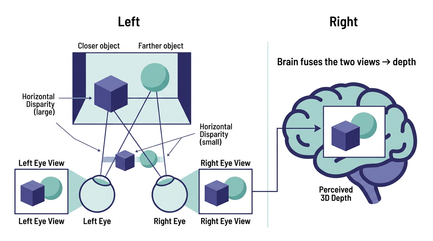 Diagram: two eyes see the same scene from different angles; the brain fuses the views into depth.
