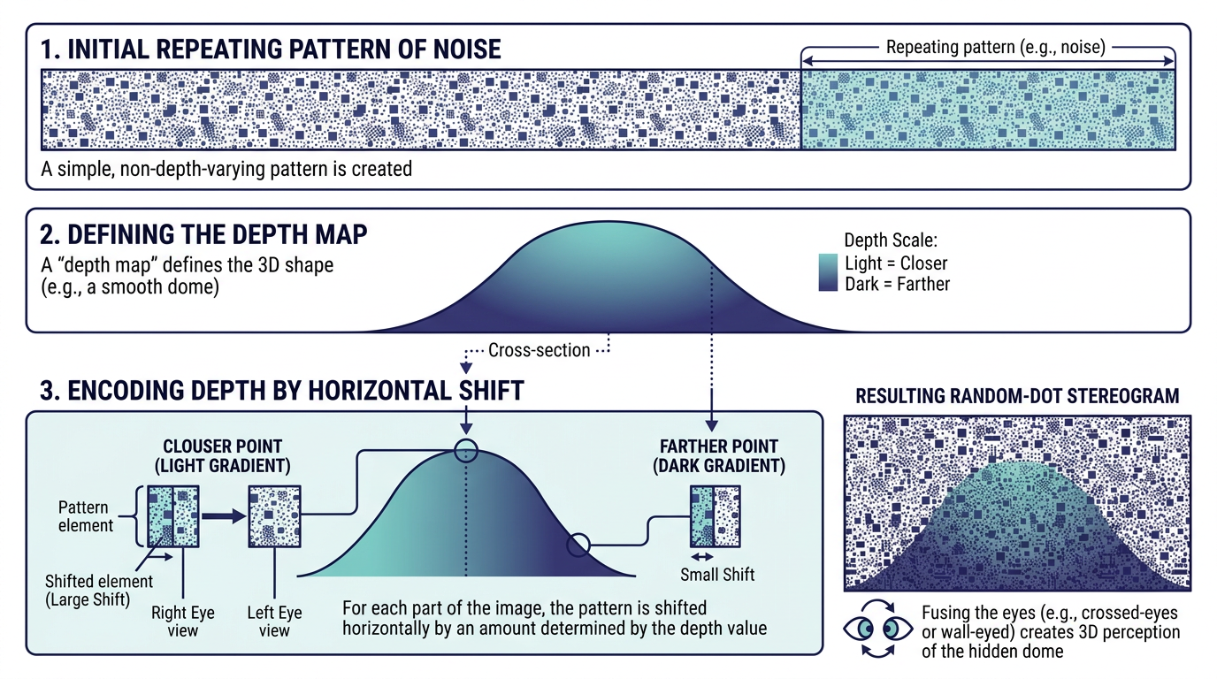 Diagram: depth map controls how much the repeating pattern is shifted horizontally; that shift encodes the 3D shape.