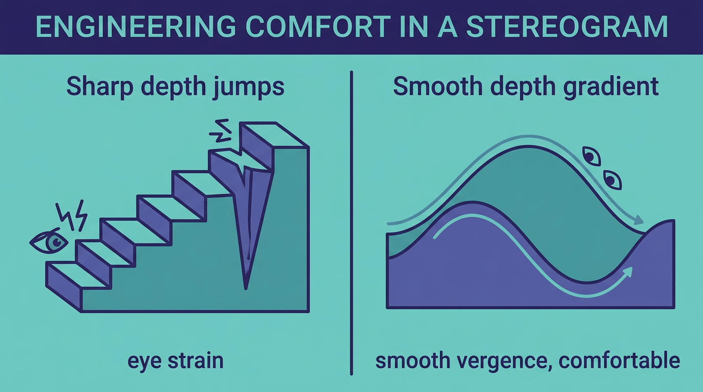 Comparison: sharp depth jumps cause strain; smooth depth gradients are comfortable.