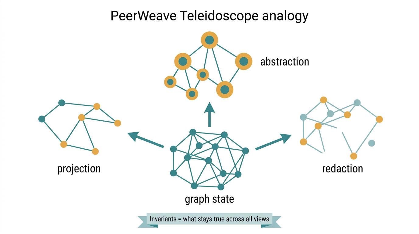 Diagram: one graph state in the center, with multiple transforms producing different views—projection, abstraction, redaction—and invariants as what stays true across all views.