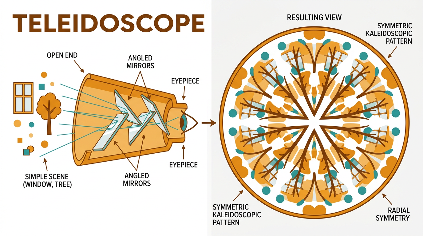 Diagram: how a teleidoscope works. Tube with mirrors, open end pointed at the environment, and the symmetric pattern that appears in the eyepiece.